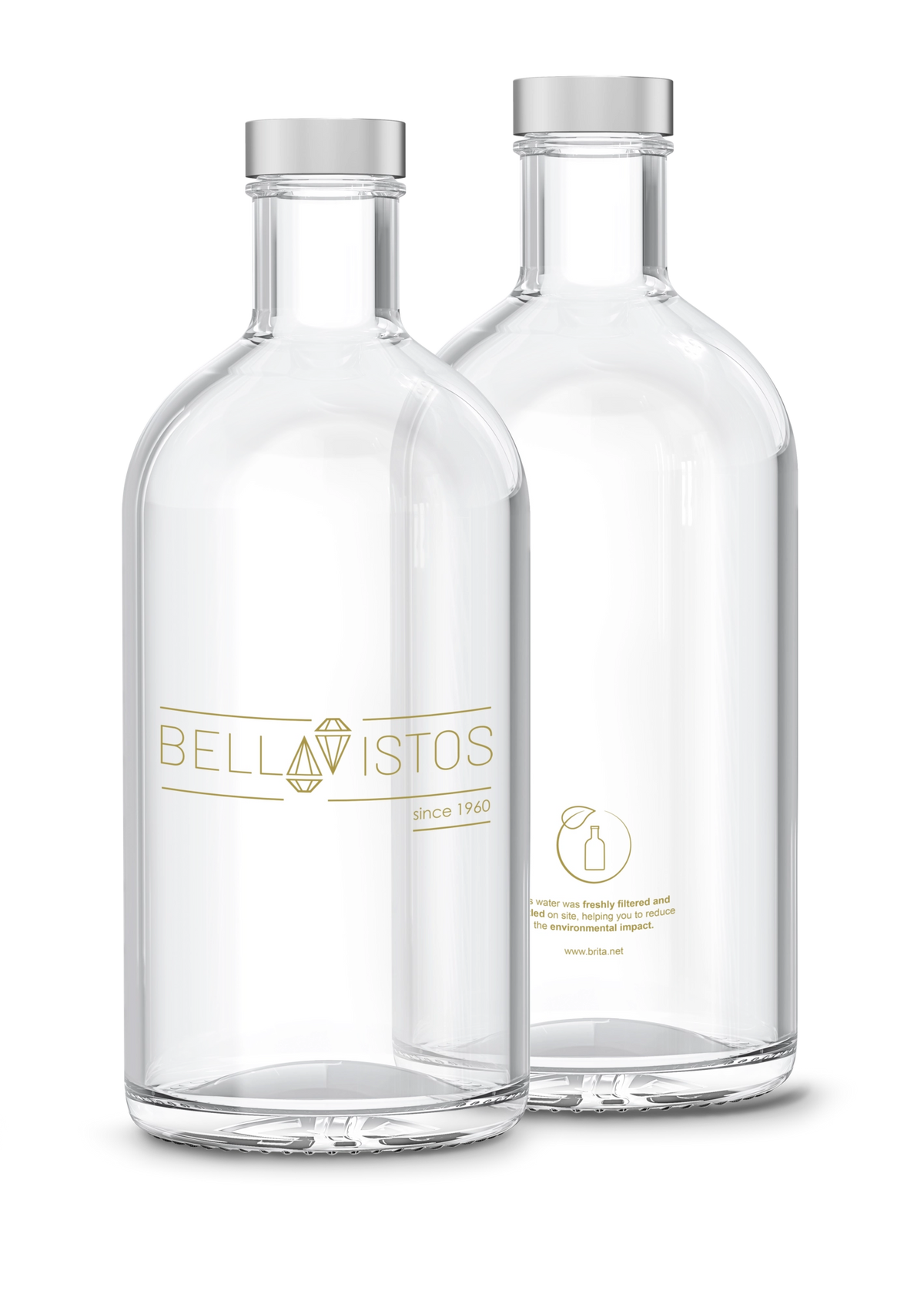 Due bottiglie BRITA Lounge con tappi argentati su sfondo bianco, con i loghi dei clienti.