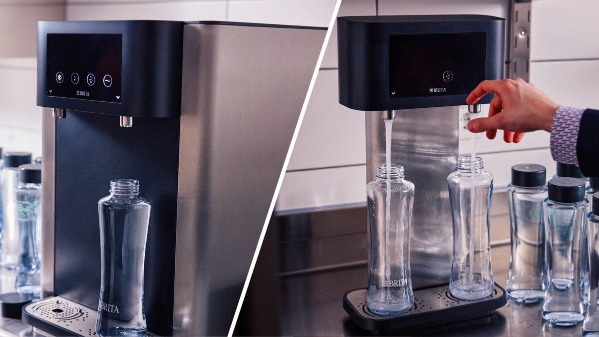 A split-screen view of a BRITA Fill range water dispenser. The left side shows the BRITA Fill Pro. The right side shows the BRITA Fill T-Tap.