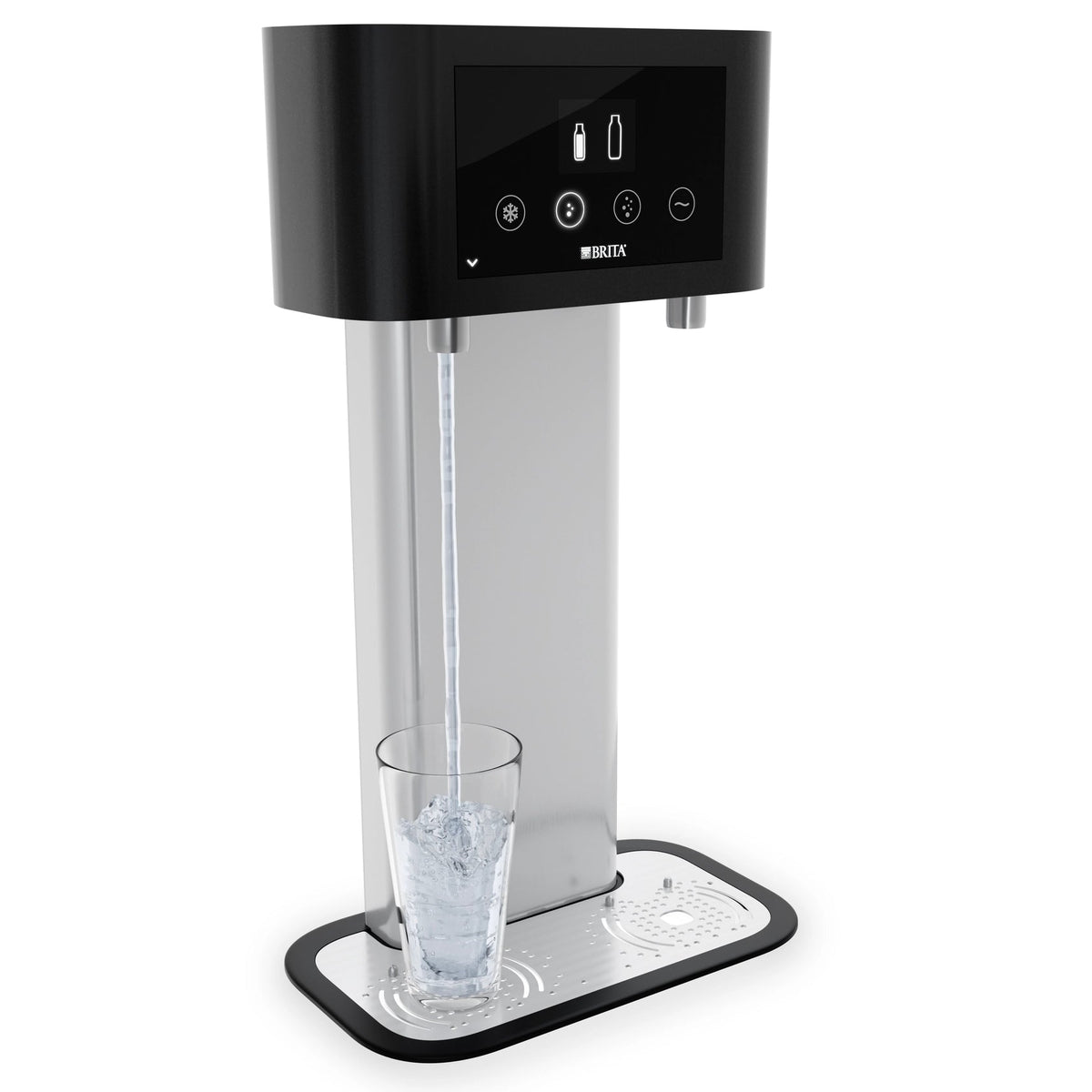Distributore d'acqua BRITA Fill T-Tap con un bicchiere su sfondo bianco